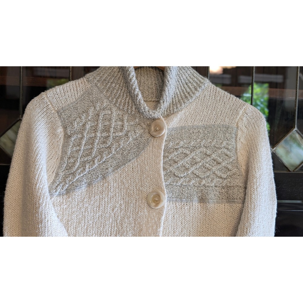 Prana Womens Cream Grey Cable Knit Button Long Cardigan Sweater S wool mohair - Picture 3 of 14